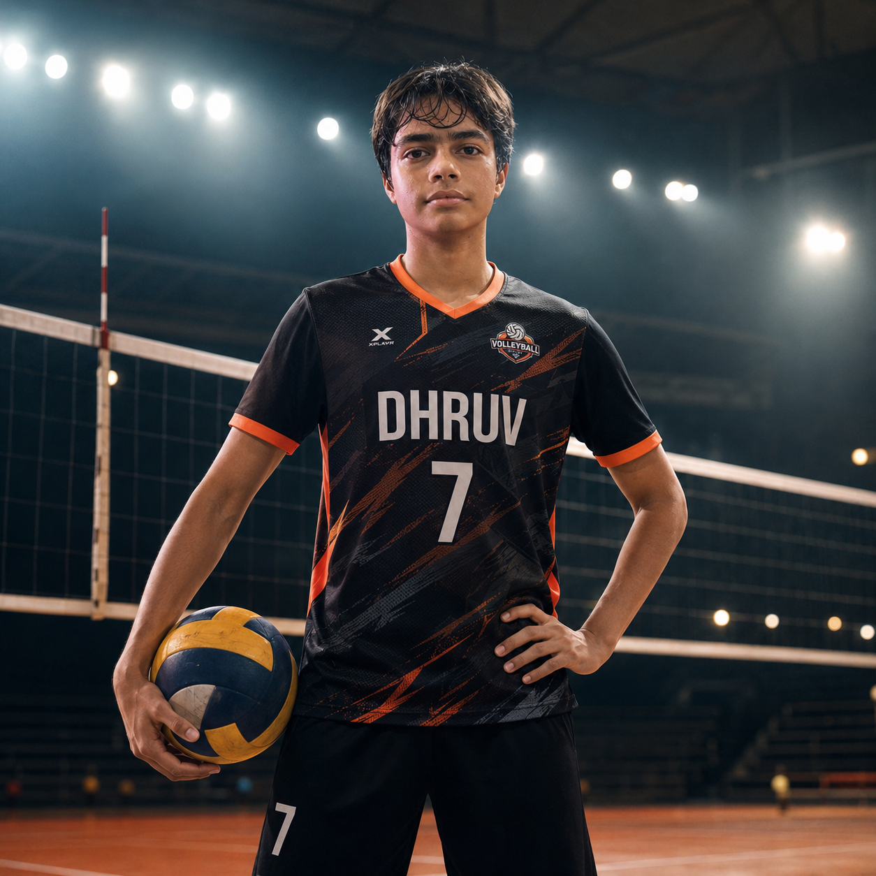 Dhruv Shukla standing confidently on a volleyball court in professional sports kit