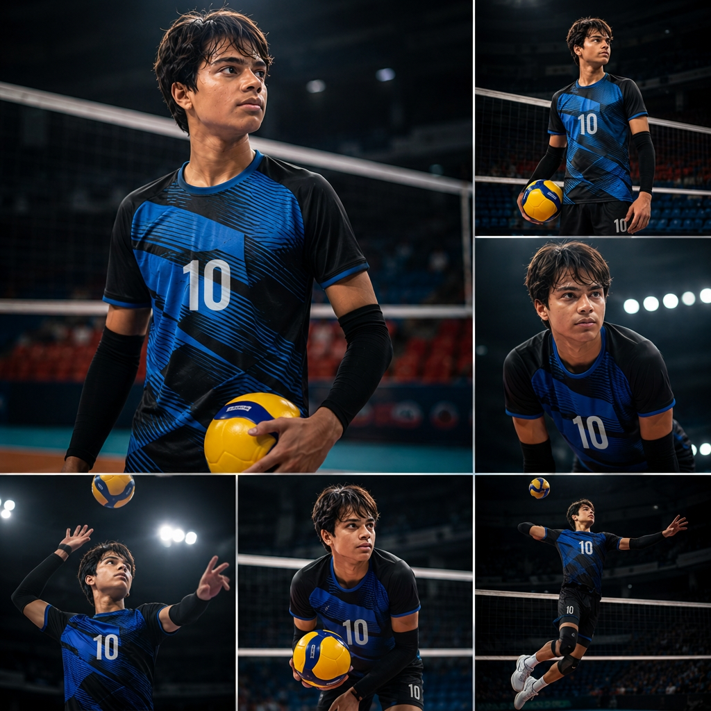 Athletic volleyball collage showing Dhruv Shukla in action poses