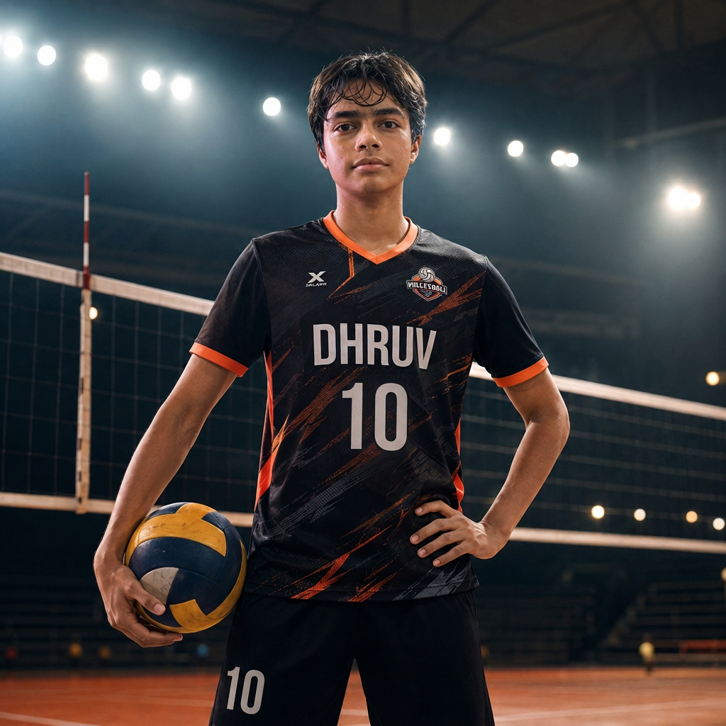 Dhruv Shukla standing confidently on a volleyball court in professional sports kit